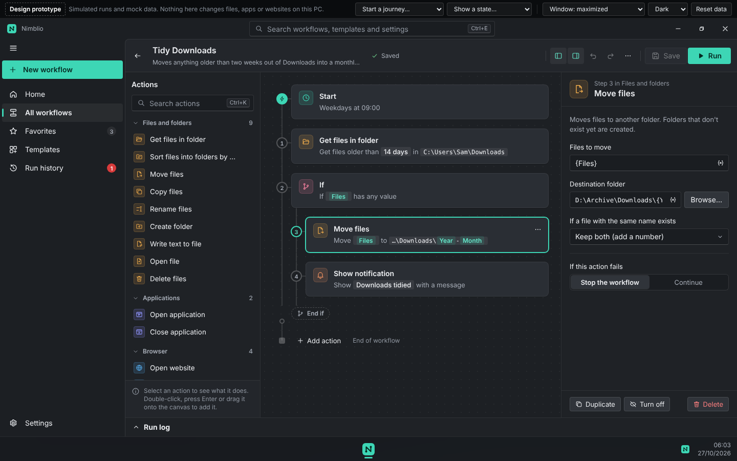 The Nimblio editor: an action library on the left, a workflow drawn as a vertical line of action blocks in the middle, and the selected action's settings on the right.