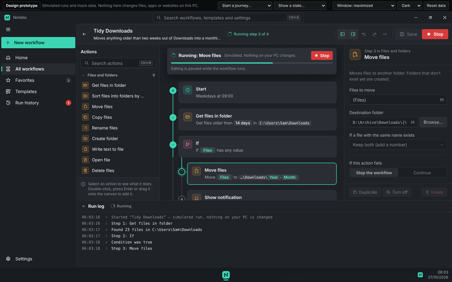 A workflow running in the Nimblio editor. The first steps are filled in jade, the current step is highlighted, and the run log lists each step.