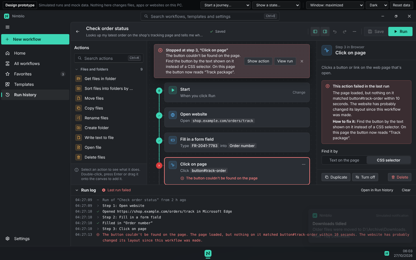 A failed run in the Nimblio editor. The failed action is selected and the side panel explains what happened and how to fix it.
